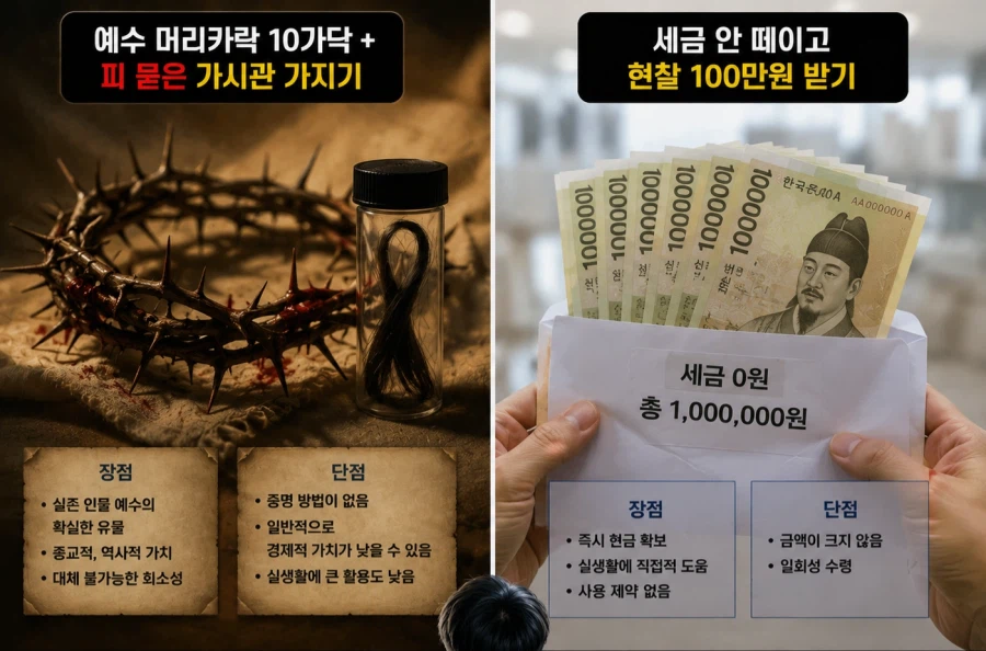 머리카락+피묻은 가시관vs현찰 100만원