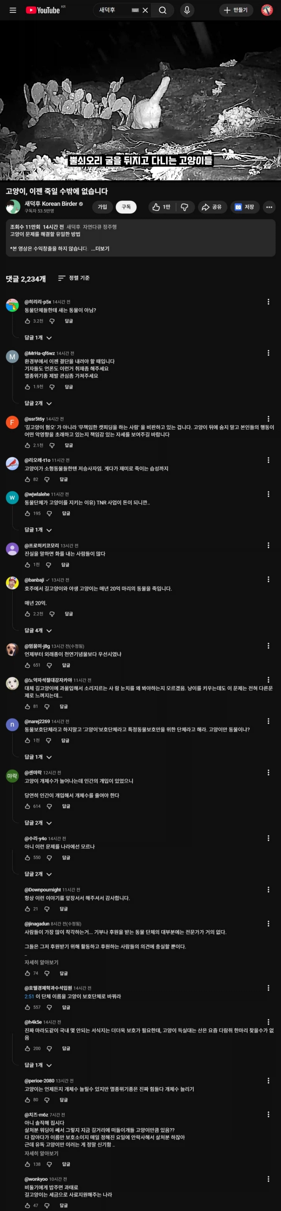 새덕후 영상에 캣맘카페 반응